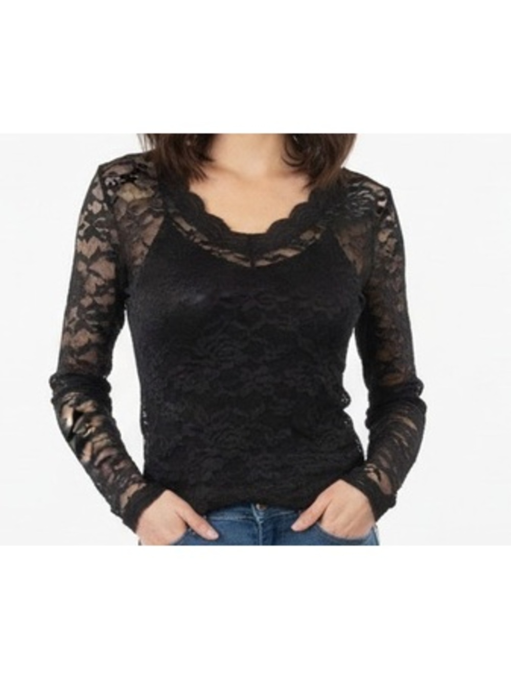 Black Long Sleeve Lace Sheer Blouse with Floral Pattern